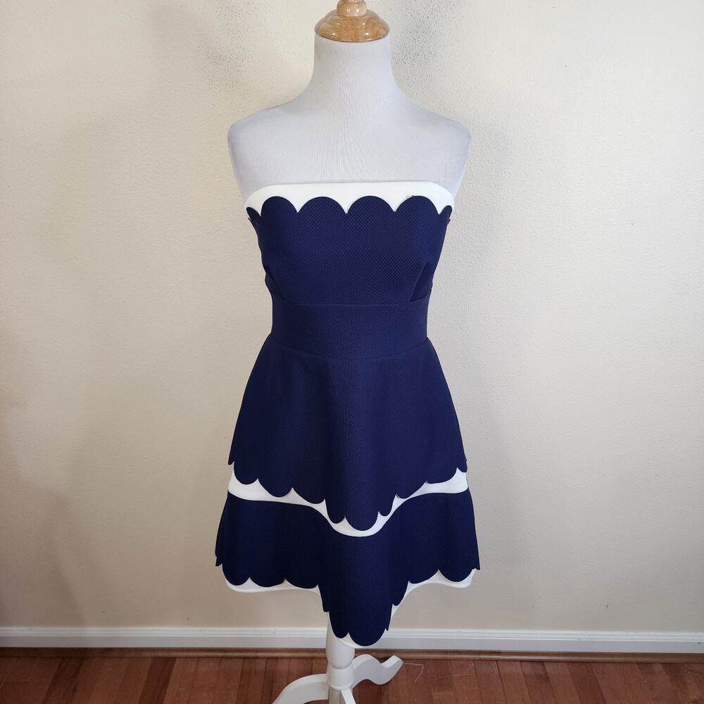 Teeze Me Women's Navy Blue White Scalloped Edge Strapless Short Dress Size 11